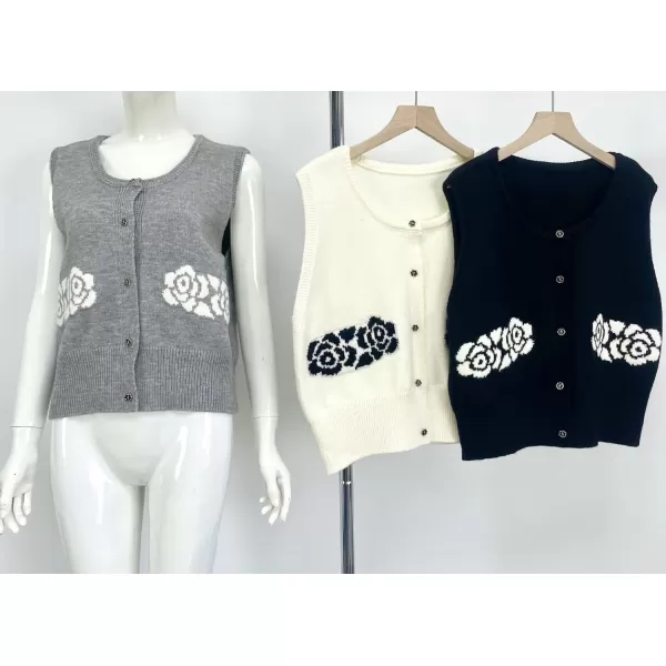 chouyatou Womens Button Down Sleeveless Sweater Vest Vintage Flower Pattern Knit Vest TopsGray
