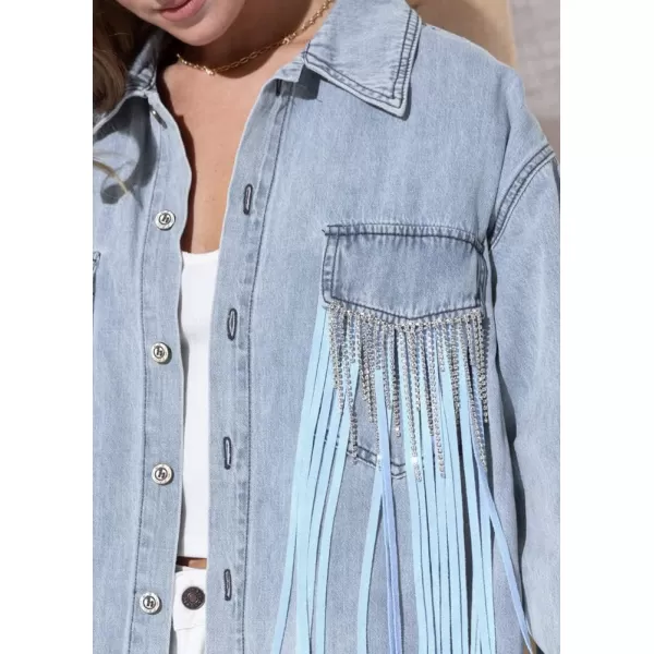 chouyatou Womens Chic Tassels Denim Jacket Rhinestone Fringe Button Down Cowgirl Trucker ShacketLight Blue