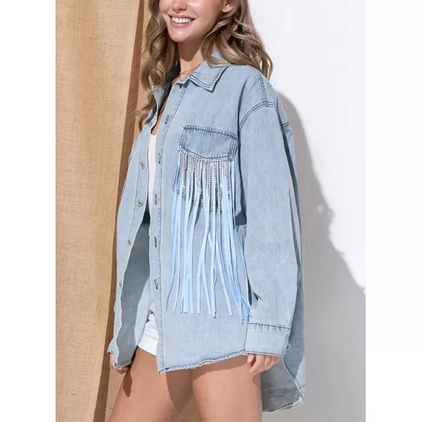 chouyatou Womens Chic Tassels Denim Jacket Rhinestone Fringe Button Down Cowgirl Trucker ShacketLight Blue