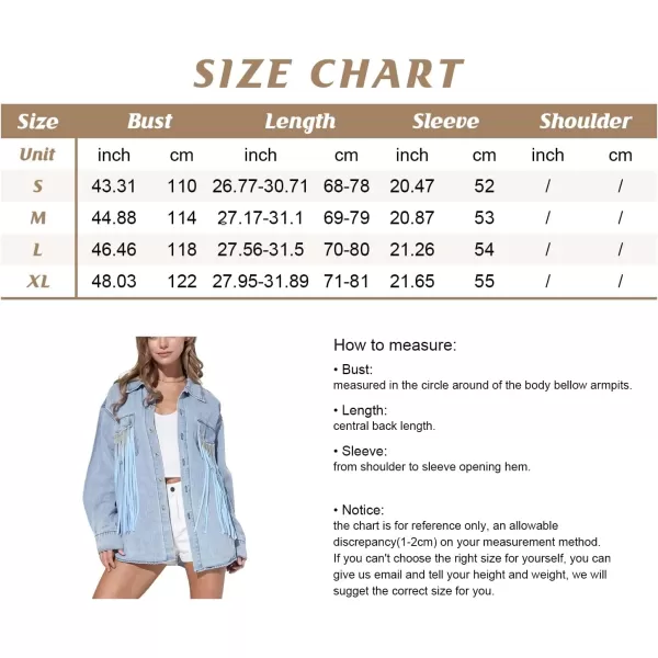 chouyatou Womens Chic Tassels Denim Jacket Rhinestone Fringe Button Down Cowgirl Trucker ShacketLight Blue