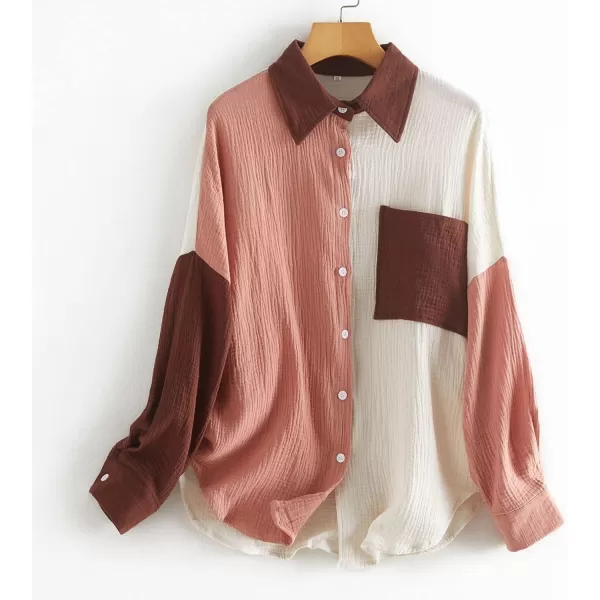 chouyatou Womens Color Block Long Sleeve Button Down Boyfriend Shirt BlousesApricot