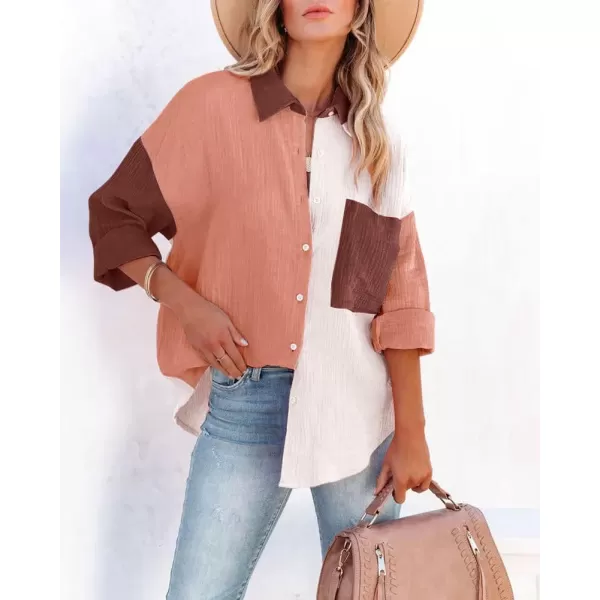 chouyatou Womens Color Block Long Sleeve Button Down Boyfriend Shirt BlousesApricot