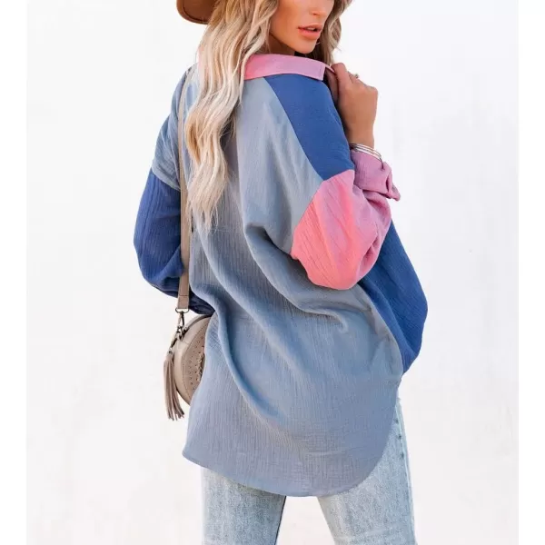 chouyatou Womens Color Block Long Sleeve Button Down Boyfriend Shirt BlousesBlue