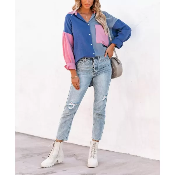 chouyatou Womens Color Block Long Sleeve Button Down Boyfriend Shirt BlousesBlue