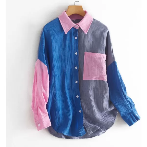 chouyatou Womens Color Block Long Sleeve Button Down Boyfriend Shirt BlousesBlue
