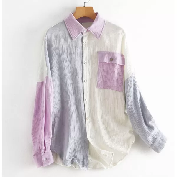 chouyatou Womens Color Block Long Sleeve Button Down Boyfriend Shirt BlousesGray