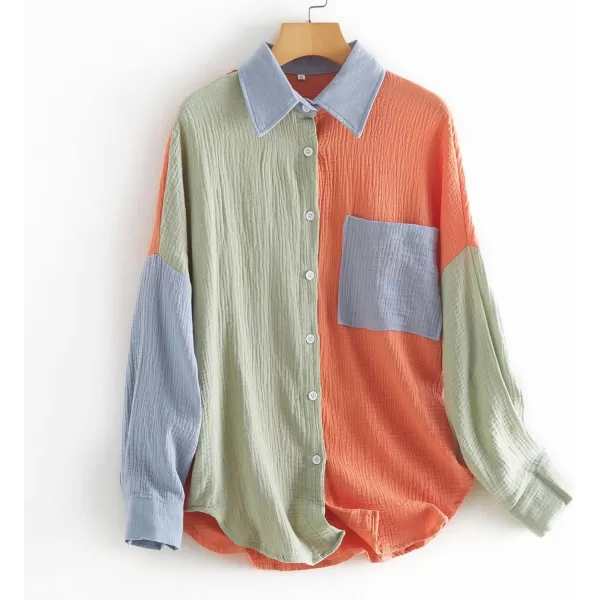 chouyatou Womens Color Block Long Sleeve Button Down Boyfriend Shirt BlousesGreen