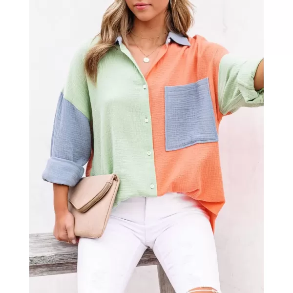 chouyatou Womens Color Block Long Sleeve Button Down Boyfriend Shirt BlousesGreen