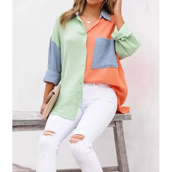 chouyatou Womens Color Block Long Sleeve Button Down Boyfriend Shirt BlousesGreen