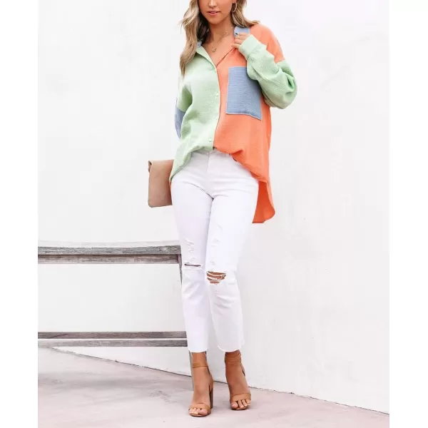 chouyatou Womens Color Block Long Sleeve Button Down Boyfriend Shirt BlousesGreen