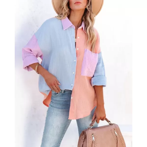 chouyatou Womens Color Block Long Sleeve Button Down Boyfriend Shirt BlousesOrange