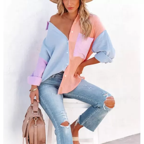 chouyatou Womens Color Block Long Sleeve Button Down Boyfriend Shirt BlousesOrange