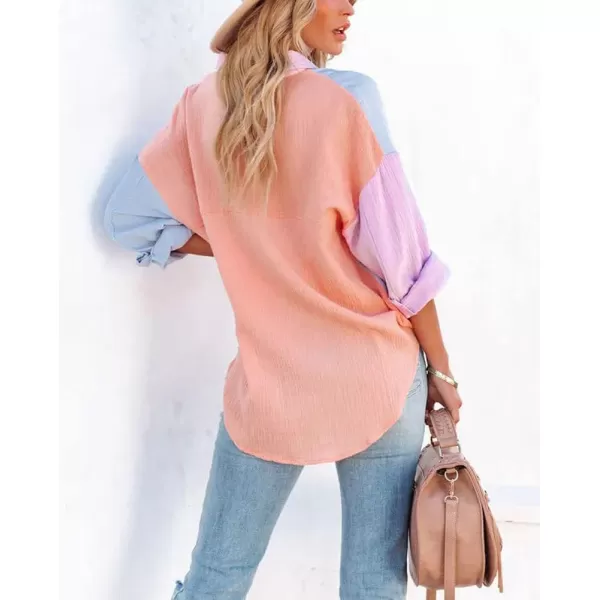 chouyatou Womens Color Block Long Sleeve Button Down Boyfriend Shirt BlousesOrange