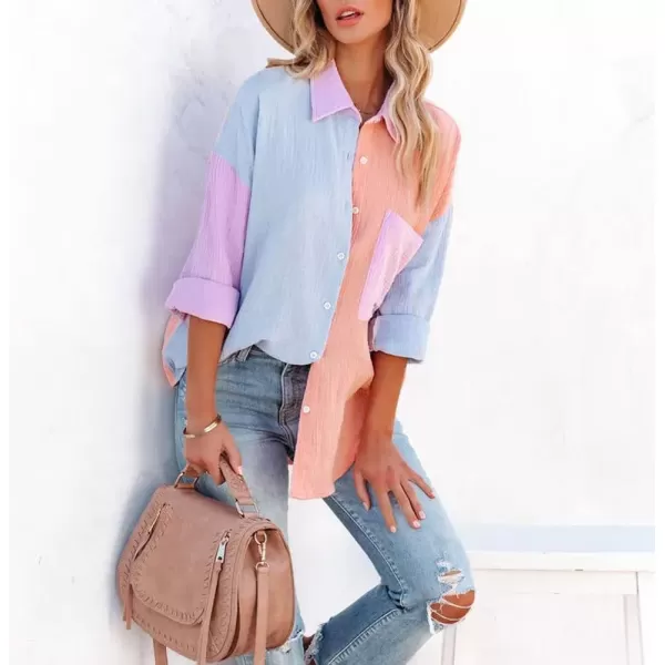 chouyatou Womens Color Block Long Sleeve Button Down Boyfriend Shirt BlousesOrange