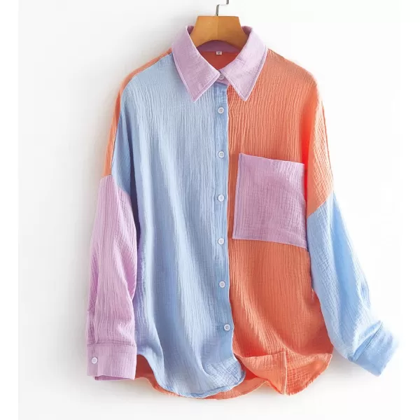 chouyatou Womens Color Block Long Sleeve Button Down Boyfriend Shirt BlousesOrange