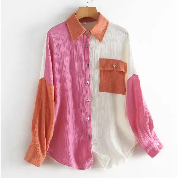 chouyatou Womens Color Block Long Sleeve Button Down Boyfriend Shirt BlousesRose Red