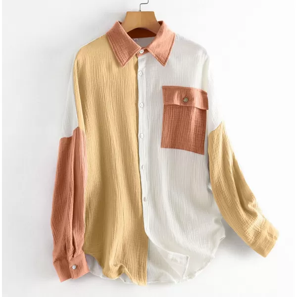 chouyatou Womens Color Block Long Sleeve Button Down Boyfriend Shirt BlousesYellow