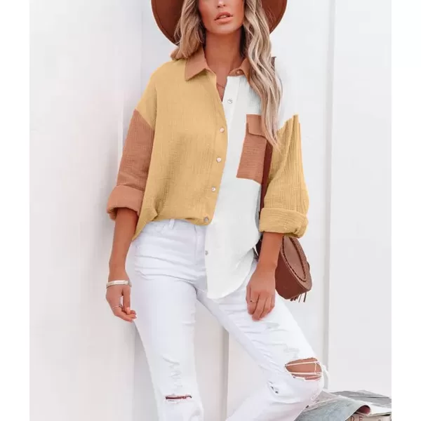 chouyatou Womens Color Block Long Sleeve Button Down Boyfriend Shirt BlousesYellow