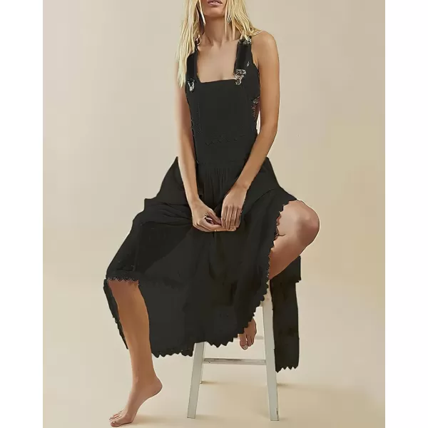 chouyatou Womens Lace Embroidered Tiered Maxi Dress Casual Suspender Strap Bib Overall Jumper DressBlack