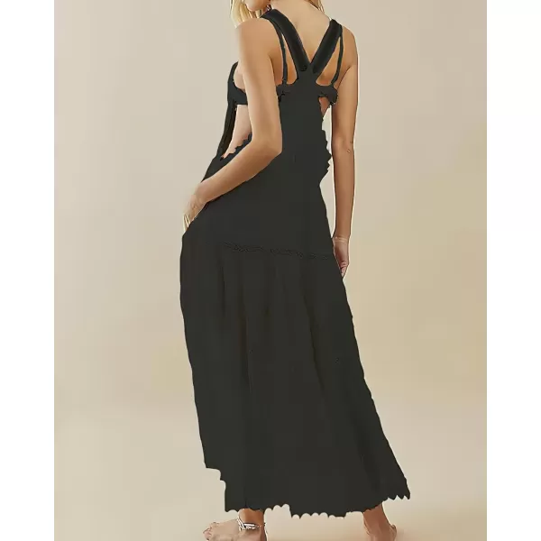 chouyatou Womens Lace Embroidered Tiered Maxi Dress Casual Suspender Strap Bib Overall Jumper DressBlack