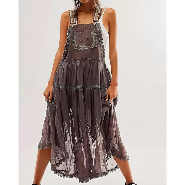 chouyatou Womens Lace Embroidered Tiered Maxi Dress Casual Suspender Strap Bib Overall Jumper DressCoffee