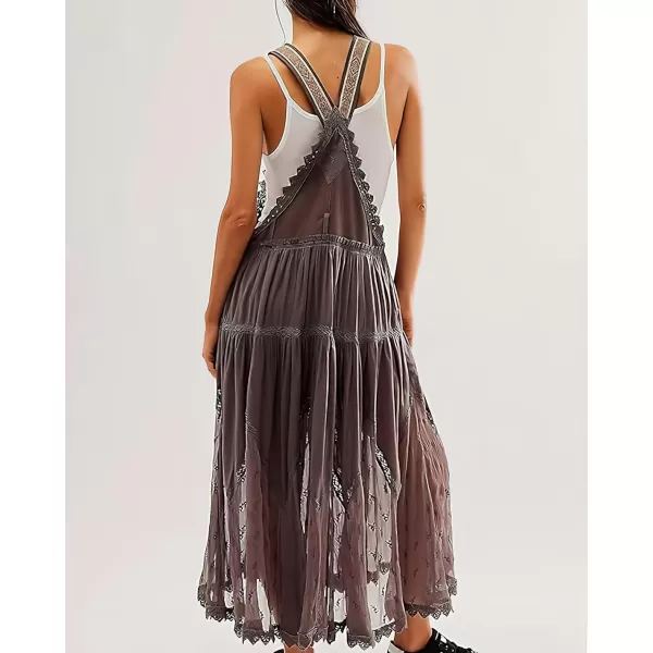 chouyatou Womens Lace Embroidered Tiered Maxi Dress Casual Suspender Strap Bib Overall Jumper DressCoffee