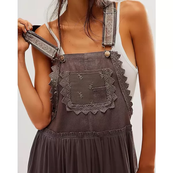 chouyatou Womens Lace Embroidered Tiered Maxi Dress Casual Suspender Strap Bib Overall Jumper DressCoffee