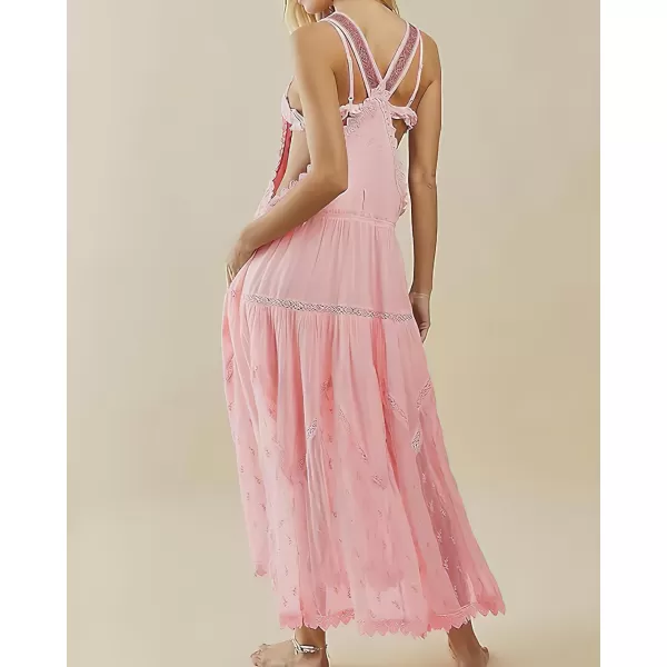 chouyatou Womens Lace Embroidered Tiered Maxi Dress Casual Suspender Strap Bib Overall Jumper DressPink