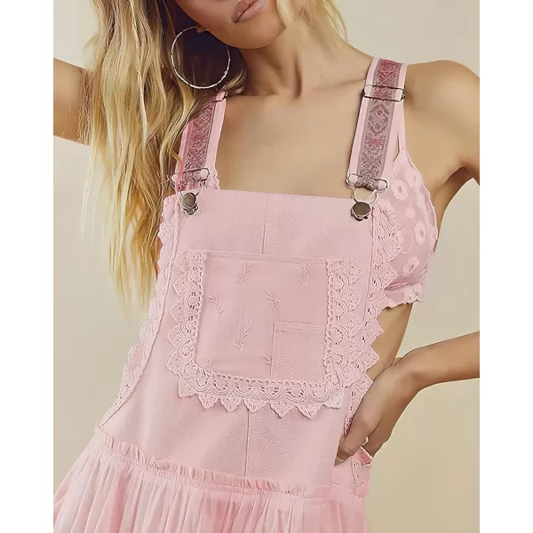 chouyatou Womens Lace Embroidered Tiered Maxi Dress Casual Suspender Strap Bib Overall Jumper DressPink