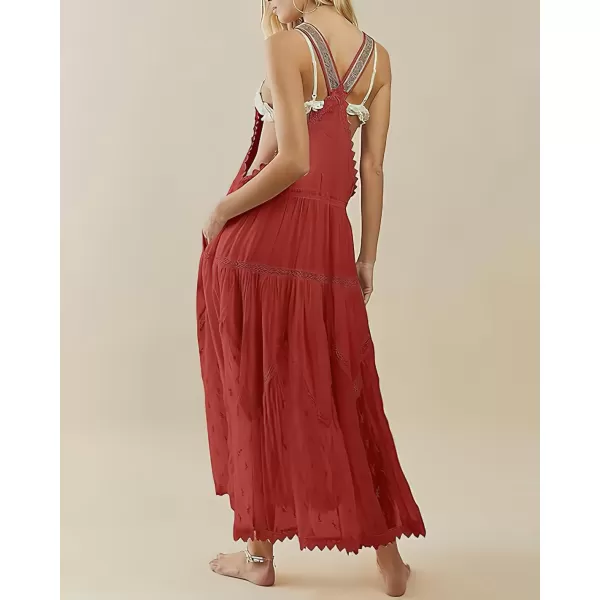 chouyatou Womens Lace Embroidered Tiered Maxi Dress Casual Suspender Strap Bib Overall Jumper DressRed