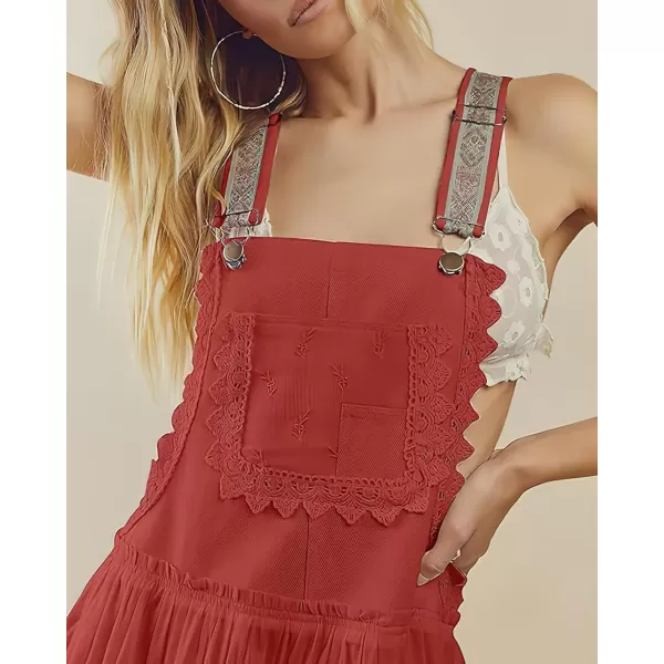chouyatou Womens Lace Embroidered Tiered Maxi Dress Casual Suspender Strap Bib Overall Jumper DressRed