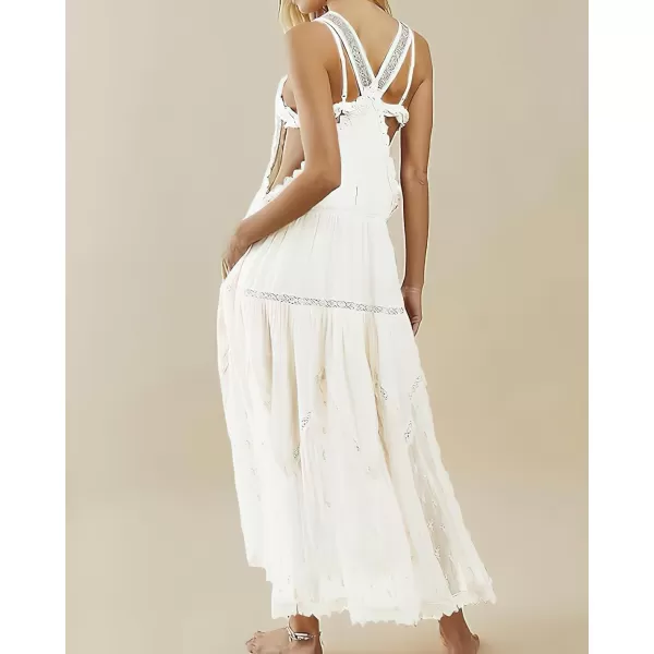 chouyatou Womens Lace Embroidered Tiered Maxi Dress Casual Suspender Strap Bib Overall Jumper DressWhite