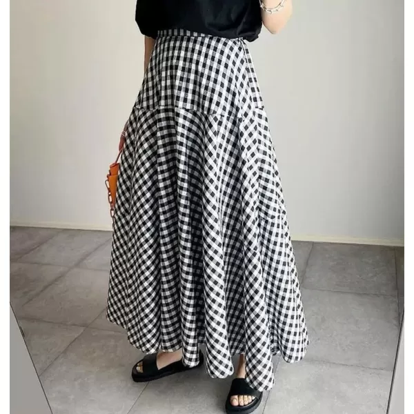 chouyatou Womens Retro Plaid A Line Midi Skirt Gingham High Elastic Waisted Pleated Swing Long SkirtBlack