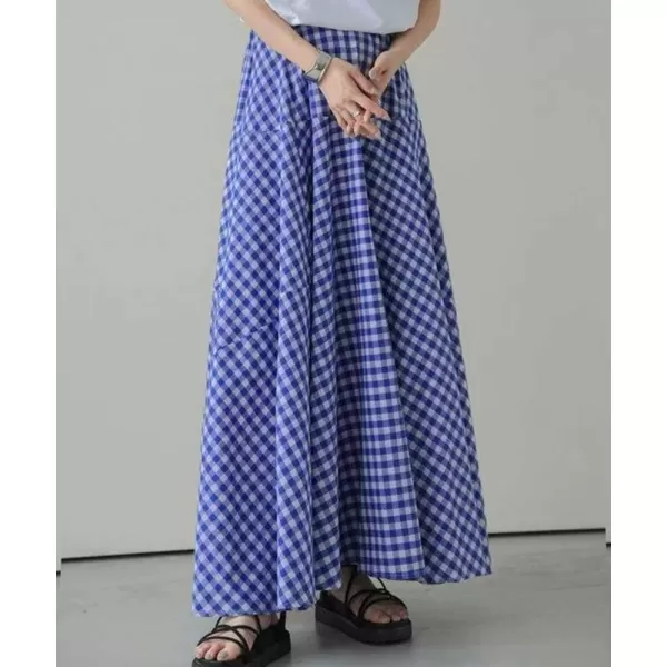 chouyatou Womens Retro Plaid A Line Midi Skirt Gingham High Elastic Waisted Pleated Swing Long SkirtBlue