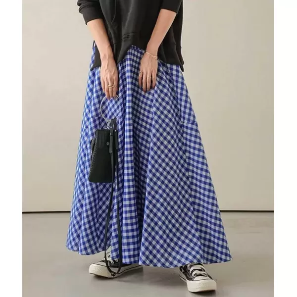 chouyatou Womens Retro Plaid A Line Midi Skirt Gingham High Elastic Waisted Pleated Swing Long SkirtBlue
