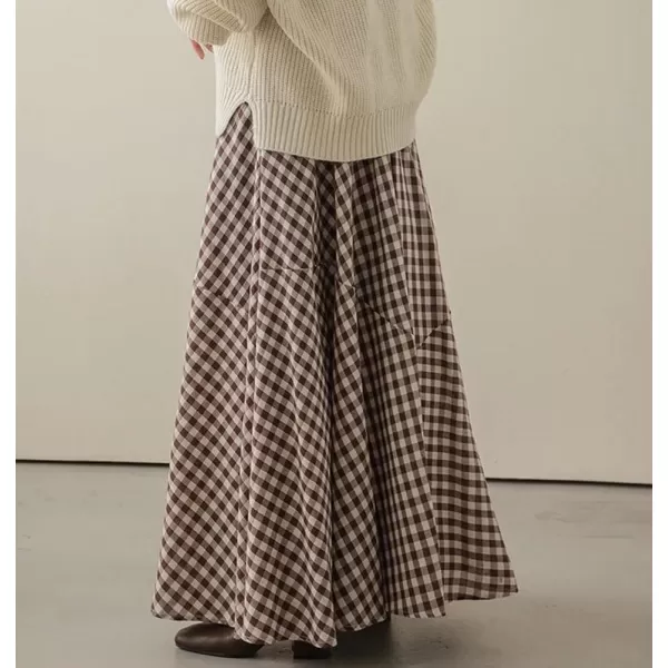 chouyatou Womens Retro Plaid A Line Midi Skirt Gingham High Elastic Waisted Pleated Swing Long SkirtCoffee