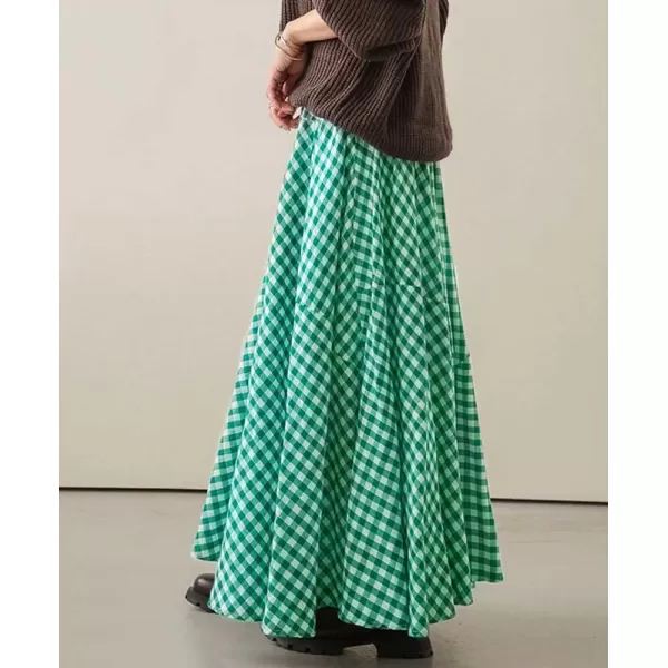 chouyatou Womens Retro Plaid A Line Midi Skirt Gingham High Elastic Waisted Pleated Swing Long SkirtGreen