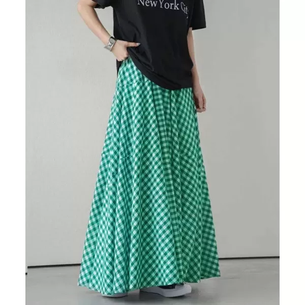 chouyatou Womens Retro Plaid A Line Midi Skirt Gingham High Elastic Waisted Pleated Swing Long SkirtGreen