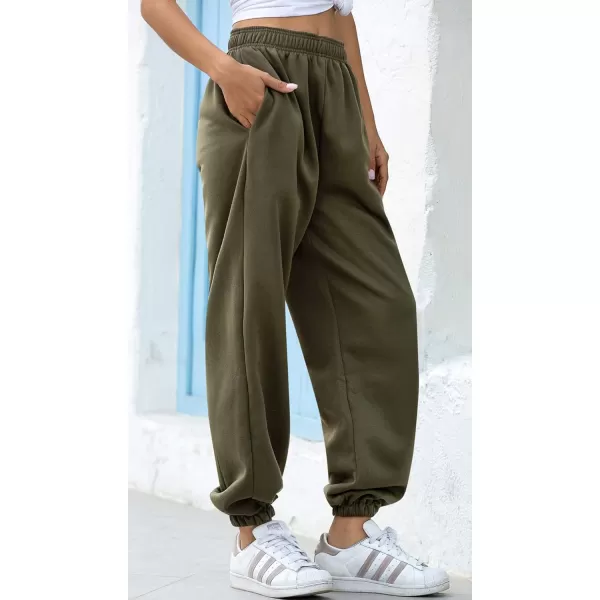 chouyatou Womens Sports High Waisted Loose Baggy Fleece Gym Jogger Sweatpants with PocketArmy Green