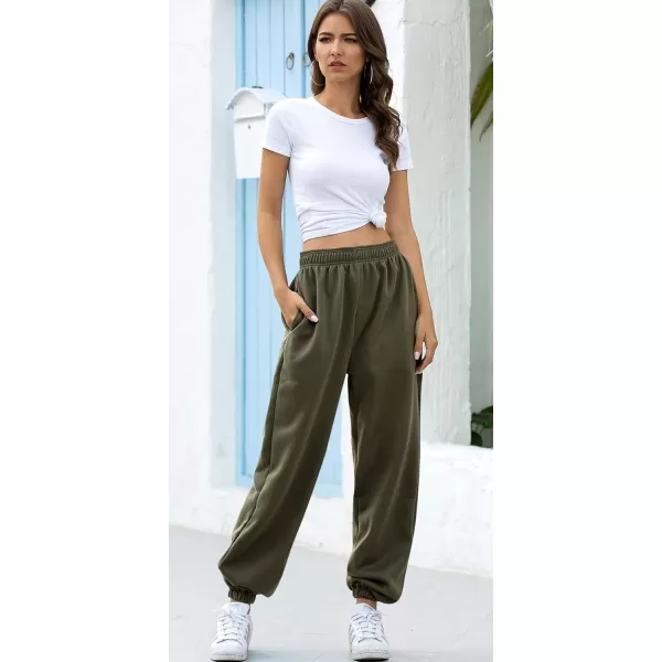 chouyatou Womens Sports High Waisted Loose Baggy Fleece Gym Jogger Sweatpants with PocketArmy Green