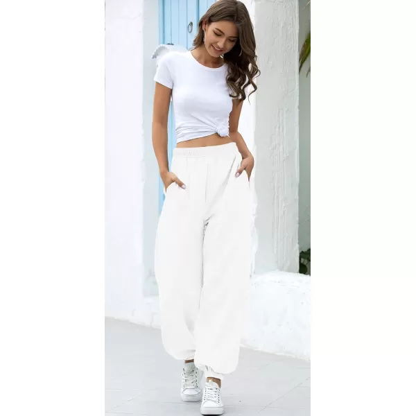 chouyatou Womens Sports High Waisted Loose Baggy Fleece Gym Jogger Sweatpants with PocketWhite