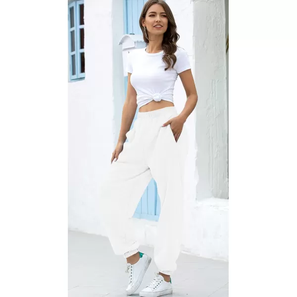 chouyatou Womens Sports High Waisted Loose Baggy Fleece Gym Jogger Sweatpants with PocketWhite