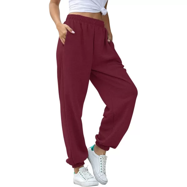 chouyatou Womens Sports High Waisted Loose Baggy Fleece Gym Jogger Sweatpants with PocketWine Red