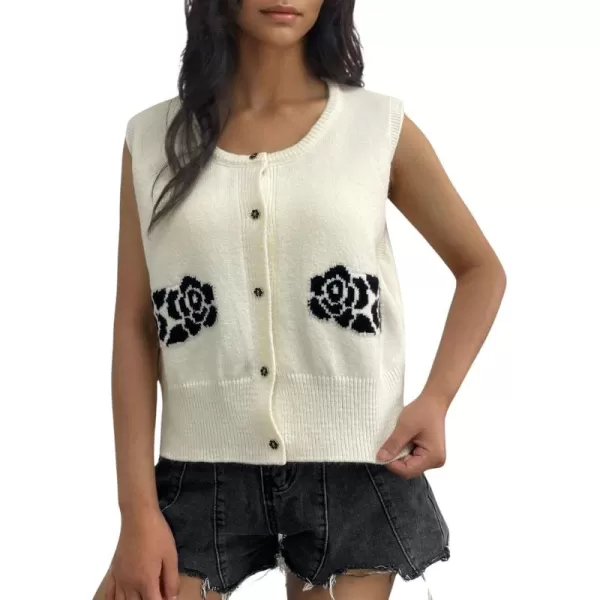 chouyatou Womens Button Down Sleeveless Sweater Vest Vintage Flower Pattern Knit Vest TopsBeige