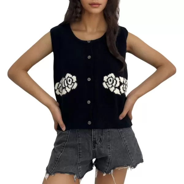 chouyatou Womens Button Down Sleeveless Sweater Vest Vintage Flower Pattern Knit Vest TopsBlack