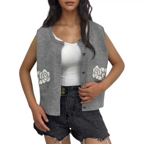 chouyatou Womens Button Down Sleeveless Sweater Vest Vintage Flower Pattern Knit Vest TopsGray
