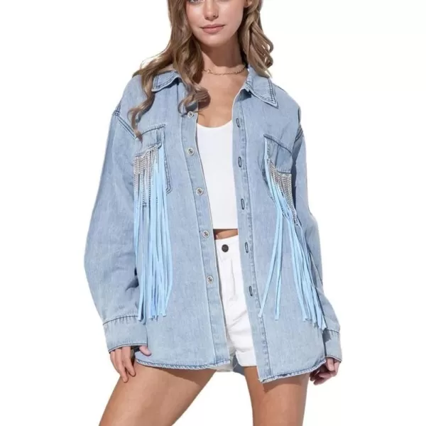 chouyatou Womens Chic Tassels Denim Jacket Rhinestone Fringe Button Down Cowgirl Trucker ShacketLight Blue