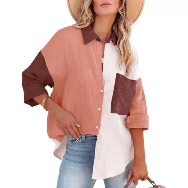 chouyatou Womens Color Block Long Sleeve Button Down Boyfriend Shirt BlousesApricot