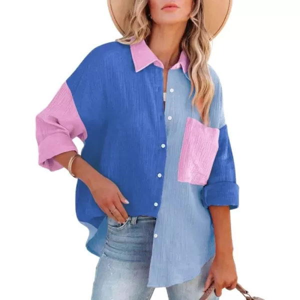 chouyatou Womens Color Block Long Sleeve Button Down Boyfriend Shirt BlousesBlue