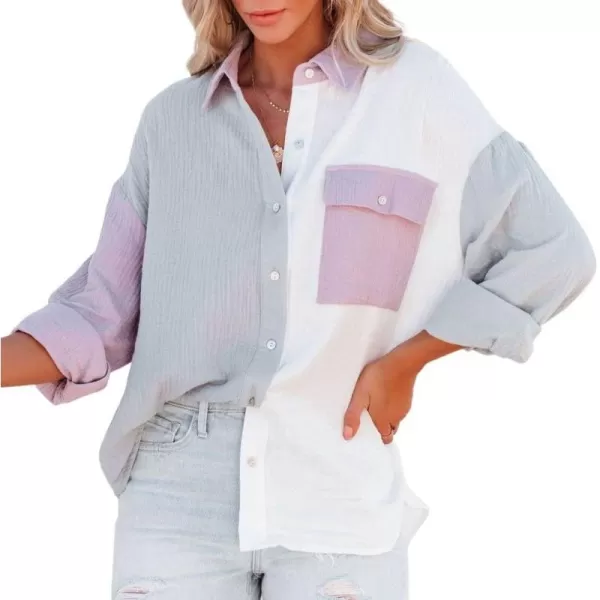 chouyatou Womens Color Block Long Sleeve Button Down Boyfriend Shirt BlousesGray